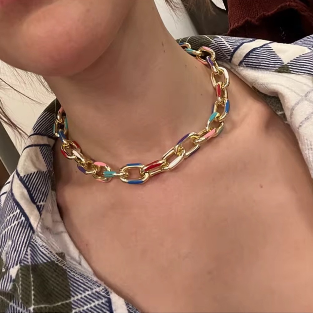 Cuban Color Block Chain Gold Link Necklace - Picture 6 of 8